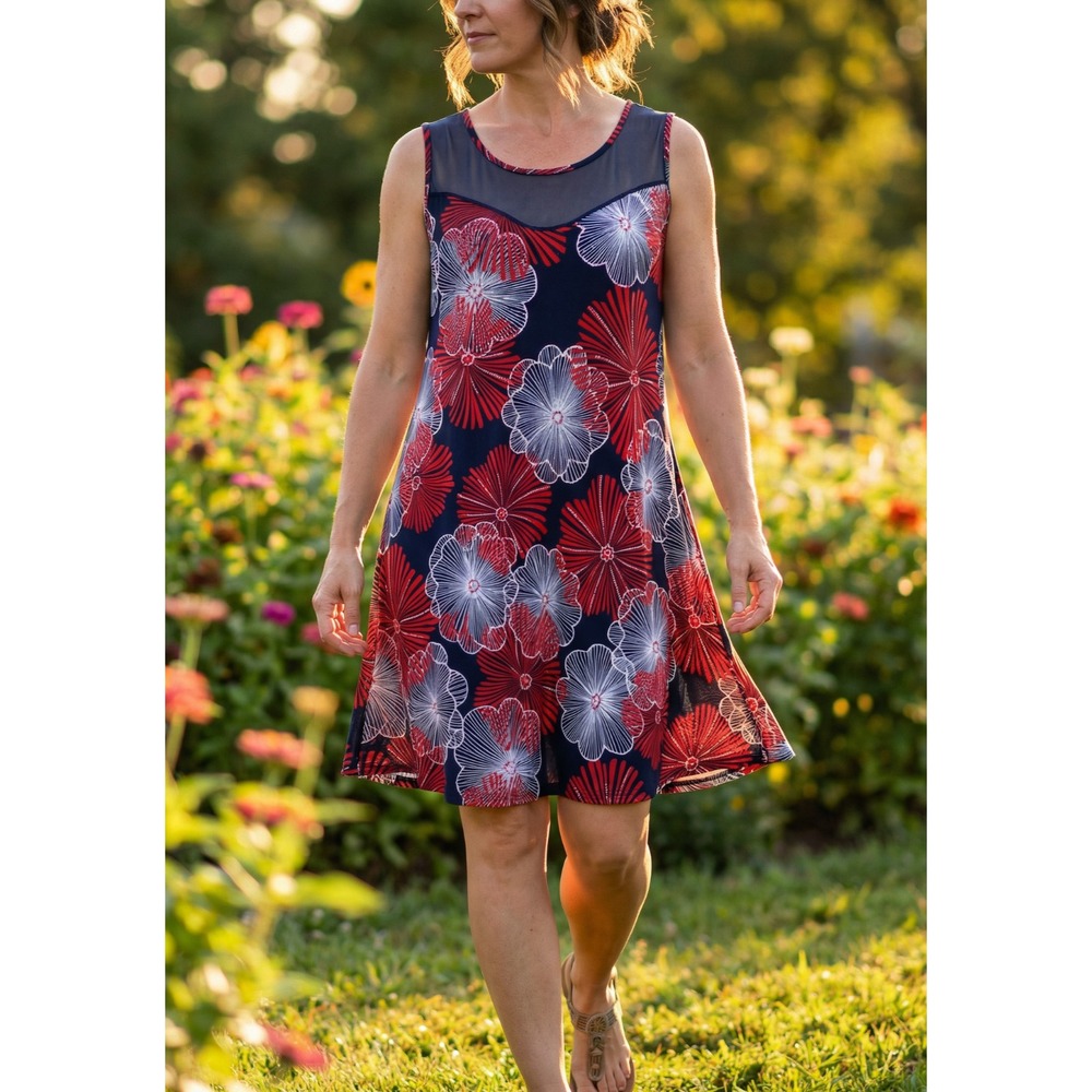 SJS Dress XL Red Blue White Floral Sleeveless Swing Coastal Boho Chic Resort Mod